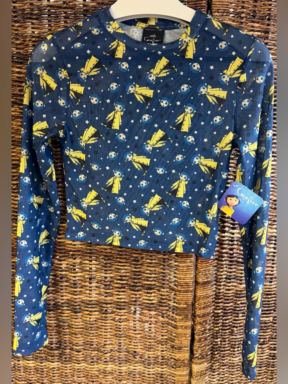 Coraline- NWT, Sheer Crop Top-Blue w/print Long-Sleeve Top- Small